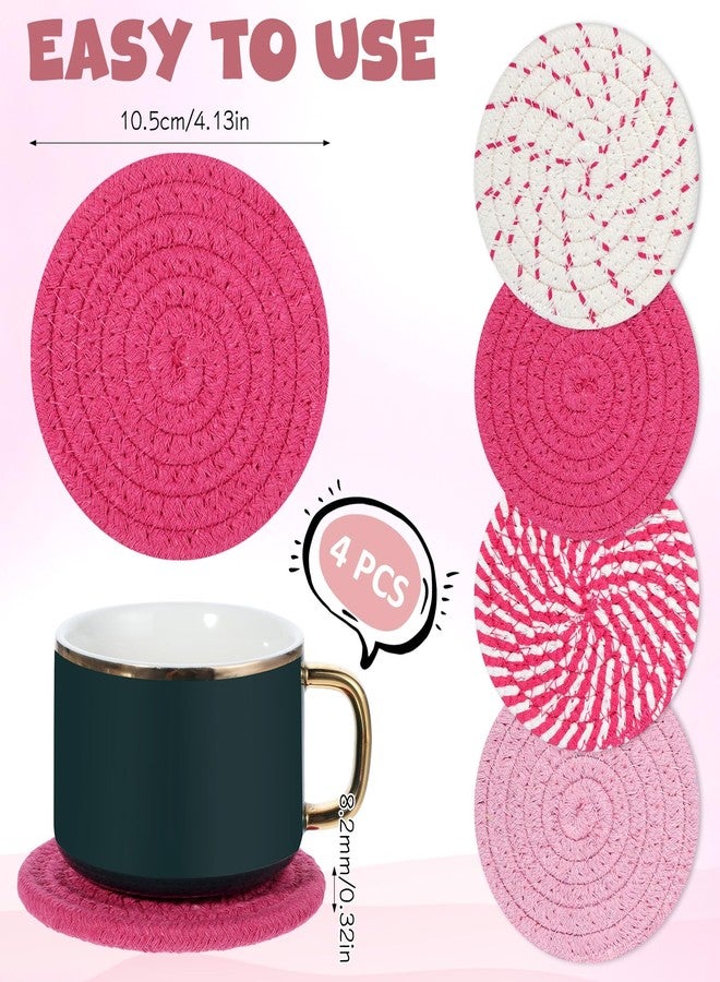 Larrel Pink Woven Coasters, 4.13in/10.5cm Round Pink Coaster for Desk Cute Coasters Set of 4 for Kitchen Dining Coffee Table Desk Accessories Aesthetic - Image 2